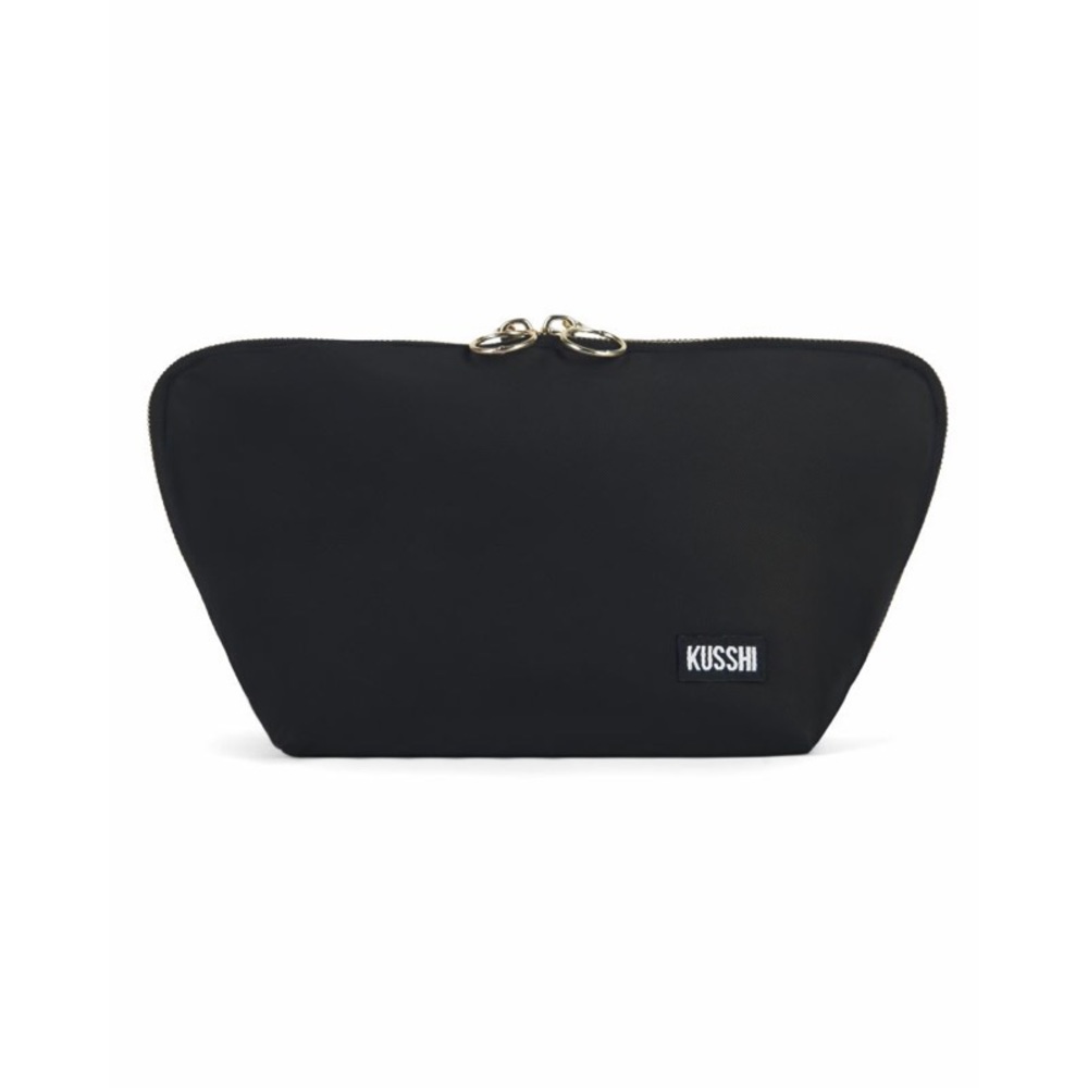 NEW! Kusshi Signature Make Up Bag Satin Black Fabric with Leopard